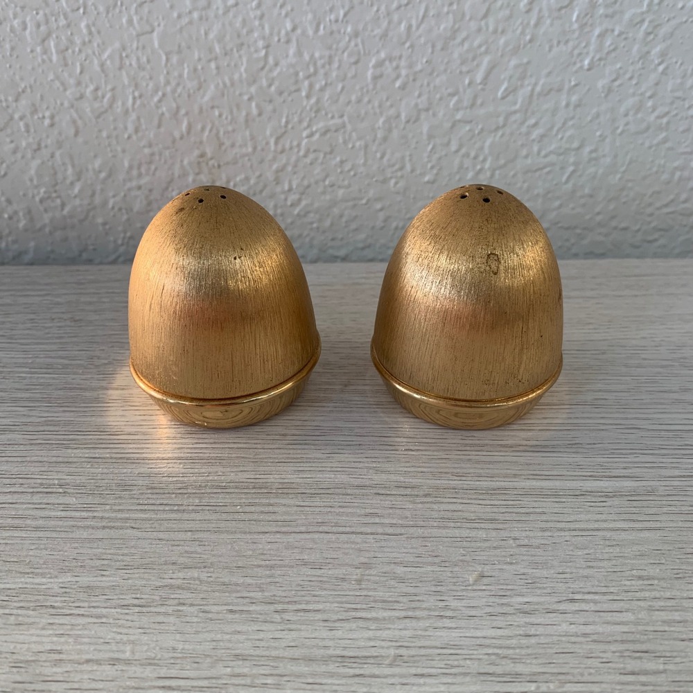 Vintage Napier Egg Shaped Salt Pepper Shakers Gold Tone Brushed‎ Metal MCM